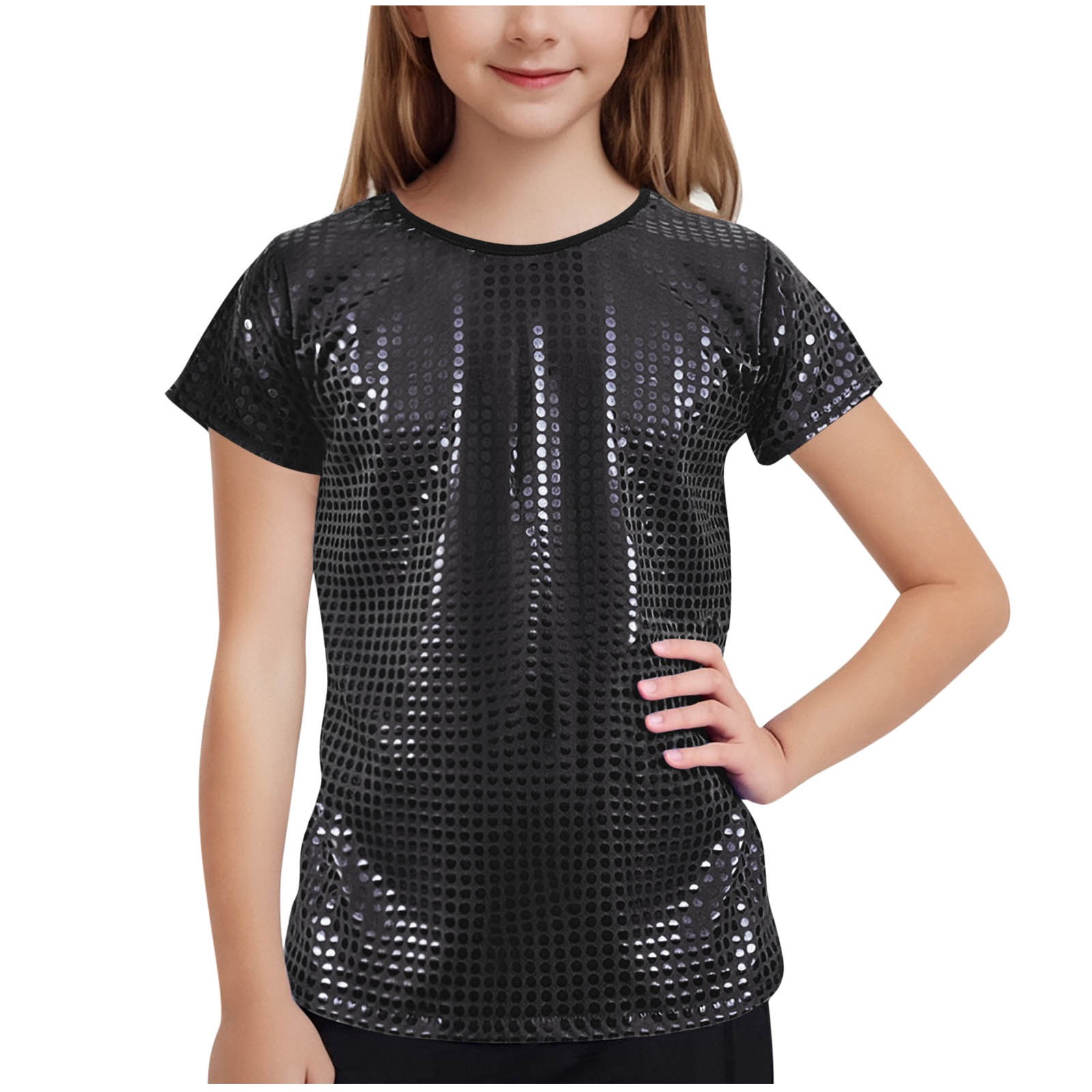 OGLCCG Big Girls Sequin Dance T Shirts Hip Hop Shiny Metallic Glitter Short Sleeve Tube Shirts Tops Cheerleading Dance Costume Dancewear 11-17 Years